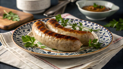 Sizzling Sausage on Plate: Two perfectly grilled sausages, beautifully presented on a decorative plate, complemented by fresh herbs and a dipping sauce, ready to entice taste buds.