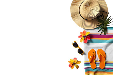 Beach essentials featuring hat, sunglasses, flowers, and flip flops isolated on transparent background