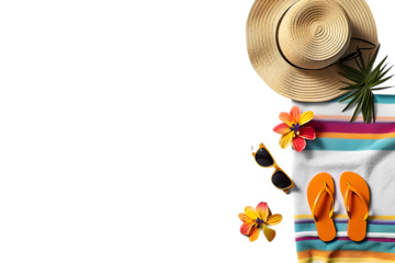 Beach essentials featuring hat, sunglasses, flowers, and flip flops isolated on transparent background