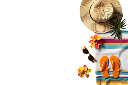 Beach essentials featuring hat, sunglasses, flowers, and flip flops isolated on transparent background