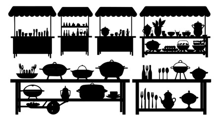Buffet service with food dishes presented on tables illustrated as a silhouette in a dining setting.