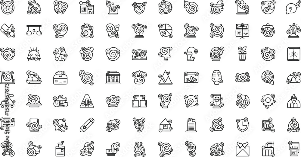 Poster vector art of a collection of abstract outline icons with swirling and decorative elements isolated 