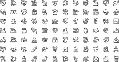 Vector art of a collection of abstract outline icons with swirling and decorative elements isolated on white background