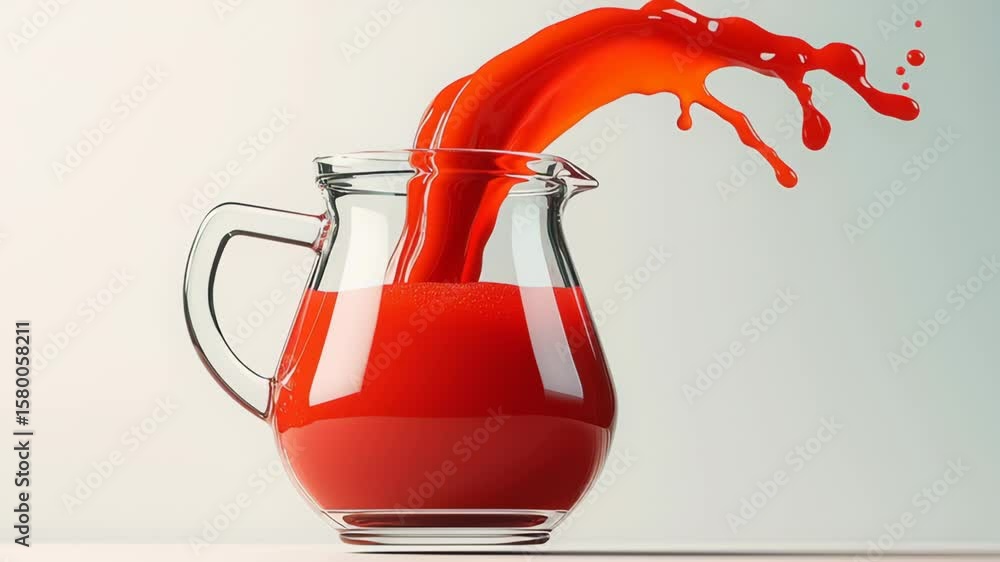 Poster glass pitcher filled with vibrant red liquid splashing out, creating dynamic motion against a soft g