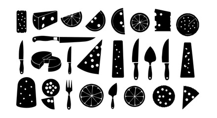 Collection of black and white vector silhouettes featuring cheeses, utensils, and fruits for culinary design elements