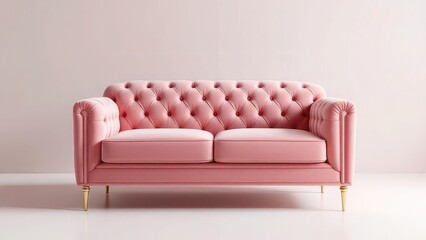 A pink velvet chesterfield sofa with tufted back and gold legs against a light pink background
