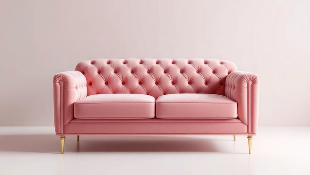 A pink velvet chesterfield sofa with tufted back and gold legs against a light pink background