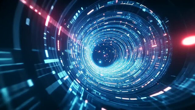 Futuristic digital vortex with glowing particles and lines, creating an immersive tech atmosphere