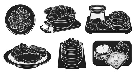 Delicious breakfast assortment featuring spinach, croissant, eggs, pancakes and more, perfect for starting the day with a tasty meal, silhouette