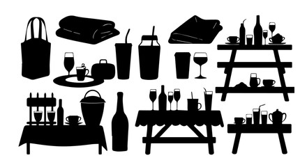 Elegant picnic scene silhouette showing tables, tote bags, wine bottles, glasses and blankets perfect for outdoor gatherings