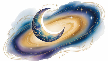 Enchanting Crescent Moon Floating Amidst a Swirling Cosmic Galaxy with Golden Stardust Accents