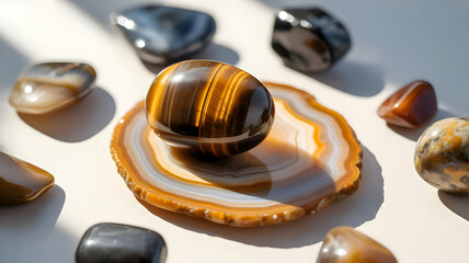 A Collection of Polished Agate and Tiger Eye Crystals Arranged Beautifully on a White Surface with Natural Sunlight Casting Shadows