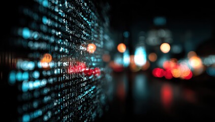 Abstract digital code wall, blurred city lights