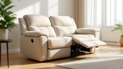 A two seater recliner sofa in a bright living room with plants and natural light from the windows