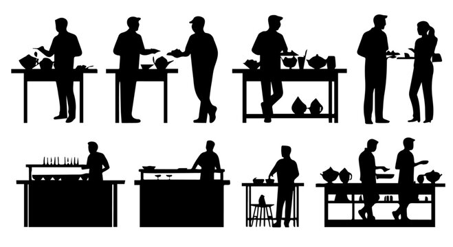 Black silhouettes showcase people enjoying a buffet with tables filled with various food items, symbolizing dining and gatherings.