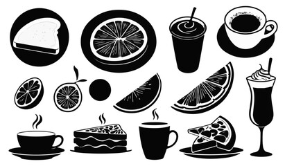 Food and drink icons showcase a variety of tasty treats, including coffee, orange slices, and cake, perfect for culinary themes, silhouette