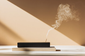 Minimalist incense holder with trailing smoke, soft sunlight, and beige background creates calm, serene atmosphere, perfect for meditation or relaxation in modern interior setting