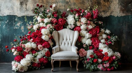 A wall adorned with a profusion of vibrant flowers, creating a dramatic floral display around a light-colored armchair.