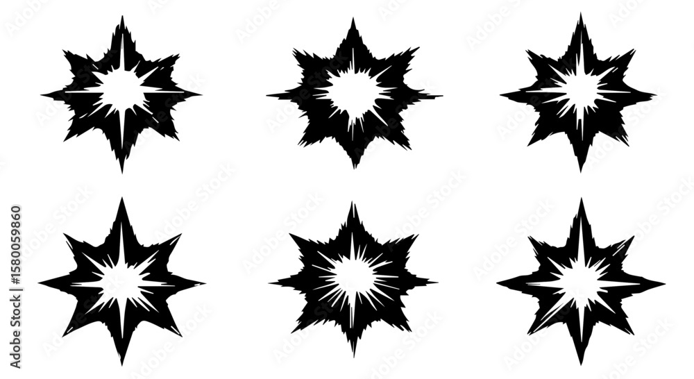 Poster six abstract black and white burst shapes create a dynamic pattern on a clean background, ideal for 