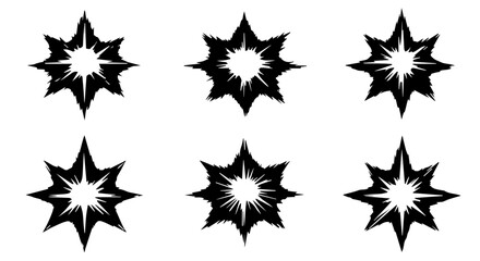 Six abstract black and white burst shapes create a dynamic pattern on a clean background, ideal for designs, silhouette