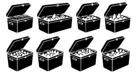 Collection of black and white cool boxes offer efficient beverage storage, keeping drinks and snacks perfectly chilled during warm summer days, silhouette