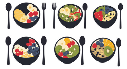 Delightful fruit bowl pattern showing an arrangement of healthy breakfast with a variety of fresh fruits and cutlery, silhouette