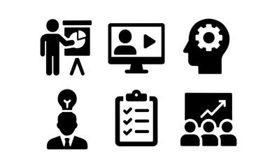 Business icons: presentation, webinar, innovation, strategy, teamwork analysis