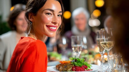 Smiling Woman at Dinner Party: A radiant woman with a captivating smile looks over her shoulder at a festive dinner party, radiating warmth and happiness, surrounded by friends and family.