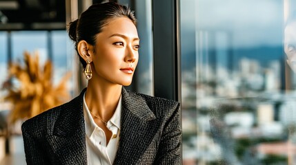 Visionary's Gaze: An elegant businesswoman in a smart blazer gazes thoughtfully out of a large office window.