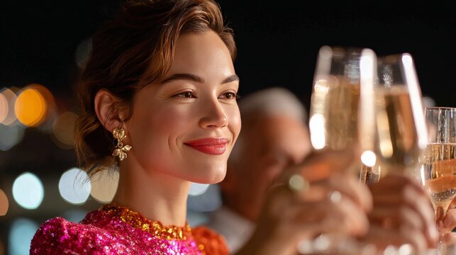 Cheers to the Moment: A beautiful woman, radiant with joy, raises a champagne glass, celebrating a special moment or milestone in the twilight setting, embodying elegance and luxury.