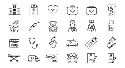 Medical vector icons showcase healthcare, hospitals, and patient care in a clean, minimalist line drawing style for design projects, silhouette
