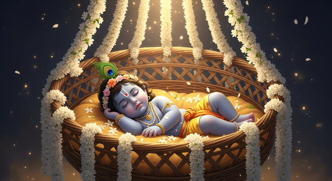 Baby Krishna Sleeping In Flower Adorned Jhula Golden Light Digital Painting