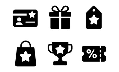 Black icons set: loyalty card, gift, tag, shopping bag, trophy, discount coupon