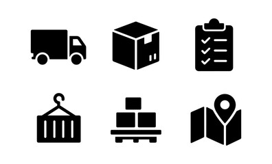 Logistics icons: shipping truck, package, checklist, container, pallet, map