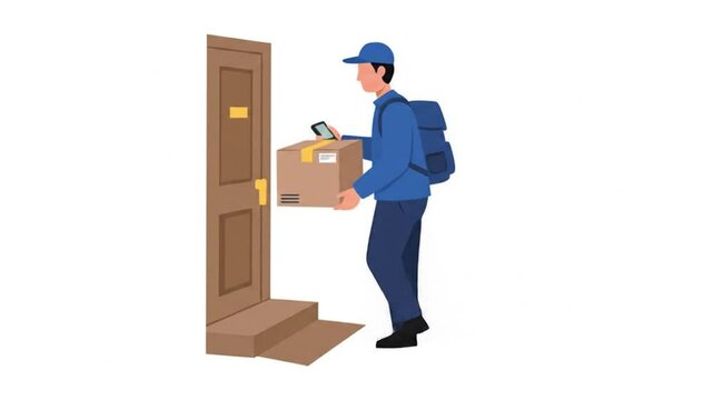 Delivery man scans package at door for confirmation in a delivery animation