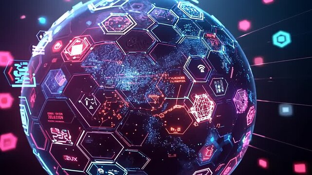 A vibrant digital globe showcasing interconnected technology and data visualizations in a futuristic setting - Powered by Adobe