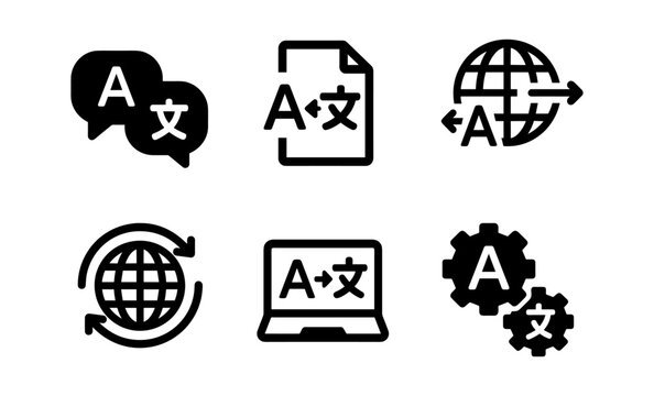 Language translation icon set featuring chat bubbles, documents, globe, arrows, laptop, and gear symbols