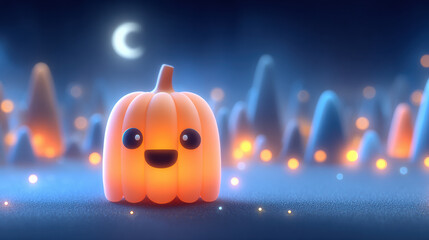 Cute, glowing pumpkin with smiling face sits in dreamy, moonlit landscape, surrounded by soft, blurred lights