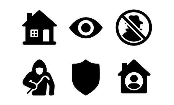 Home security icons: burglar, eye, shield, and house illustrations for safety design