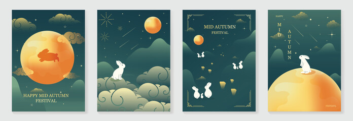 Happy mid autumn festival poster vector set. Wallpaper template with cute rabbit, moon, mountain, lantern, meteor, cloud on green background. Illustration design for cover, banner, flyer, card, ads. © TWINS DESIGN STUDIO