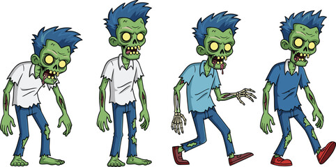 Cartoon zombie character evolution, animated undead walking cycle, spooky monster transformation stages, Halloween horror illustration, scary green zombie animation art