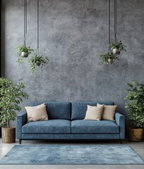 Interior design of a modern apartment living room with a brick wall and a gray sofa, combining industrial and contemporary elements. Panorama, Generative AI