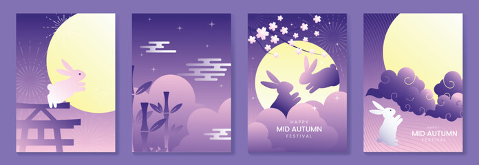 Fototapeta na wymiar Happy mid autumn festival poster vector set. Wallpaper template with cute rabbit, moon, cloud, cherry blossom, bamboo on purple background. Illustration design for cover, banner, flyer, card, ads.