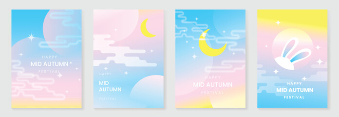 Happy mid autumn festival poster vector set. Wallpaper template with cute rabbit, moon, cloud on vibrant background. Illustration design for cover, banner, flyer, card, ads.