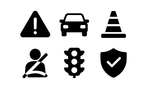 Traffic safety icon set: cone, car, alert, seatbelt, traffic light, shield