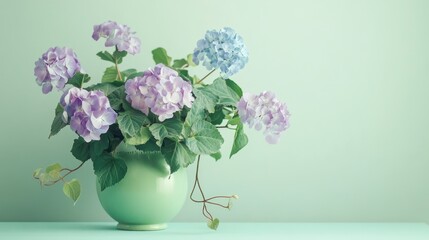Fototapeta premium Hydrangea blossoms in a light green vase against a mint green backdrop