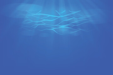 Dark blue ocean surface seen from underwater. Abstract Fractal waves underwater and rays of sunlight shining through vector illustration