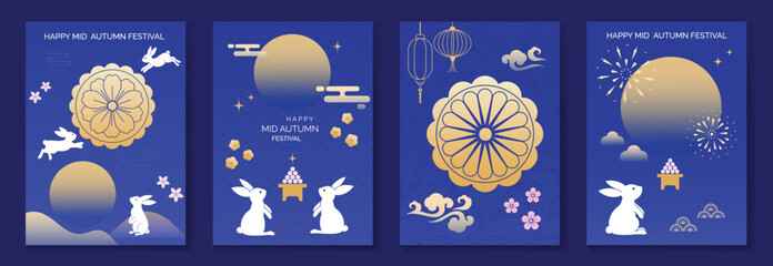 Happy mid autumn festival poster vector set. Wallpaper template with cute rabbit, moon, cloud, firework, flower, pattern on blue background. Illustration design for cover, banner, flyer, card, ads.