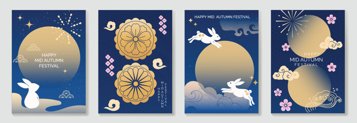 Plakat Happy mid autumn festival poster vector set. Wallpaper template with cute rabbit, moon, cloud, firework, flower, pattern on blue background. Illustration design for cover, banner, flyer, card, ads.