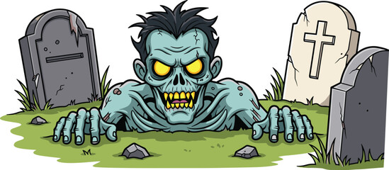 Creepy cartoon zombie rising from grave, horror undead creature in cemetery, Halloween illustration, scary monster art with tombstones background